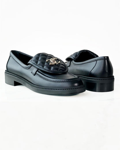 Black Quilted Tab Lambskin Flap Loafers